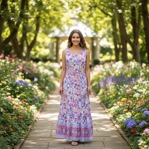 Talbots Floral Tiered Dress Womens 8 Multicolor Boho Sleeveless Belted Maxi